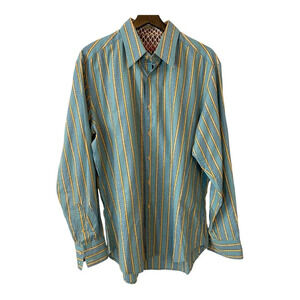 Robert Graham M 100% Cotton Blue and Yellow Striped Button Down Collared Shirt